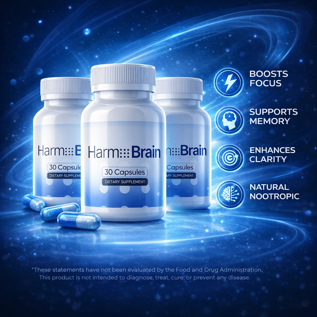 HarmoBrain capsule bottles with icons for boosts focus, supports memory, enhances clarity, and natural nootropic